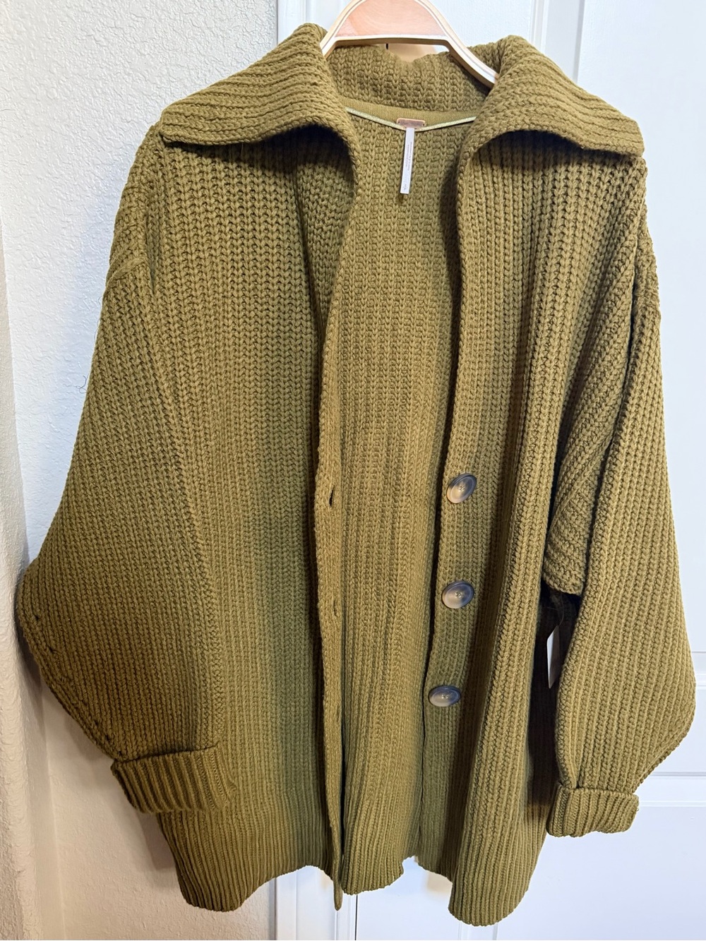 Free People Oregano Green Chunky Knit Button-Front Women's Sweater